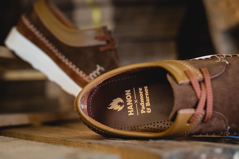 HANON x Padmore & Barnes Willow Sport Collab Info moccasin brown tan white sole vibram release info M387