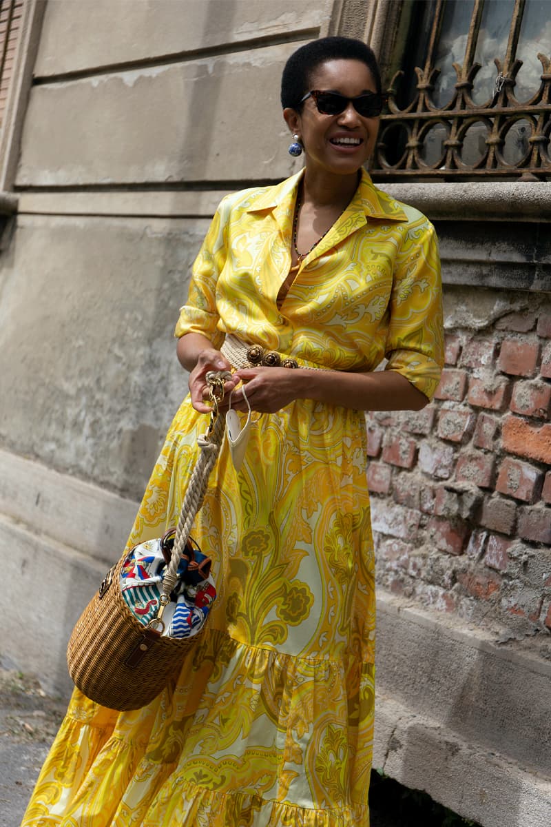 Milan Fashion Week SS22 Street Style Delivers Elegance in Bold Patterns and Casual Silhouettes MFW dolce & gabbana giorgio armani prada etro