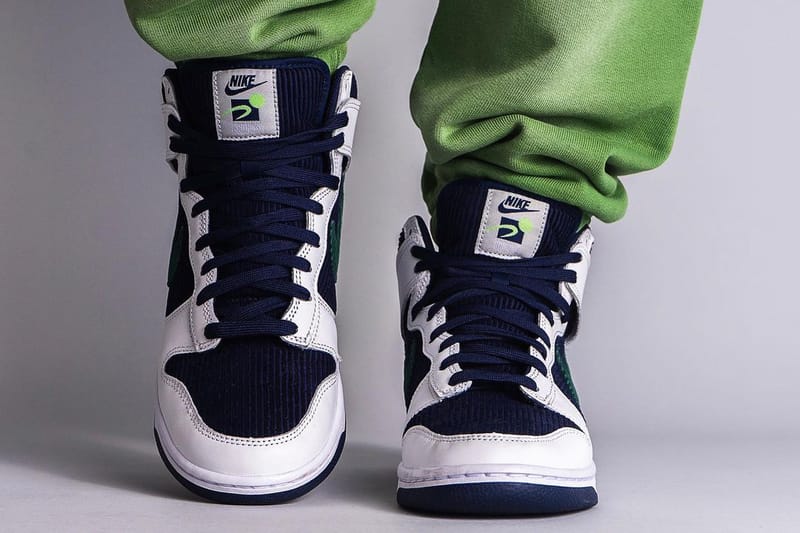 nike dunk high navy on feet