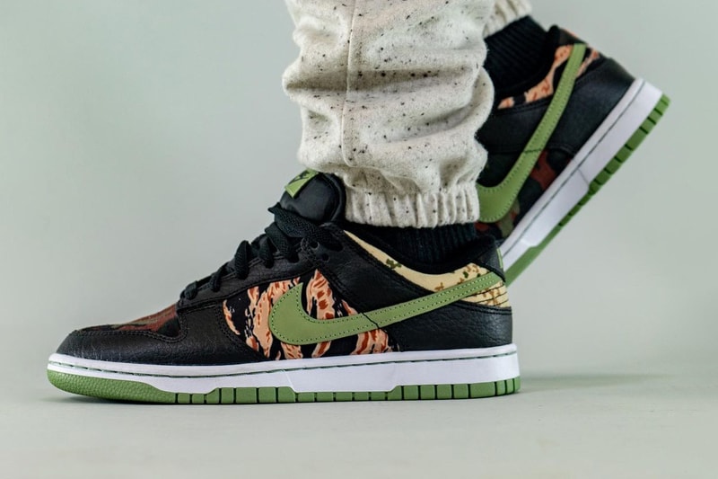 nike sportswear dunk low crazy camo black oil green white total orange DH0957 001 official release date info photos price store list buying guide