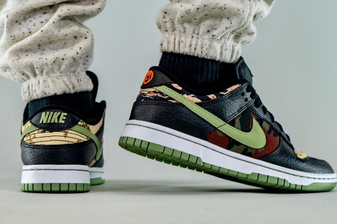 nike sportswear dunk low crazy camo black oil green white total orange DH0957 001 official release date info photos price store list buying guide