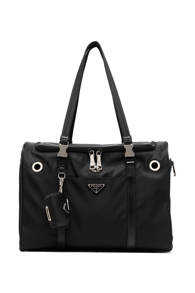 Prada Black Re-Nylon Pet Carrier Dog Pooch Bag Saffiano Leather Mesh Window Breathable Cats Triangular Plaque Food Bowl Waste Bag Holder Browns Fashion