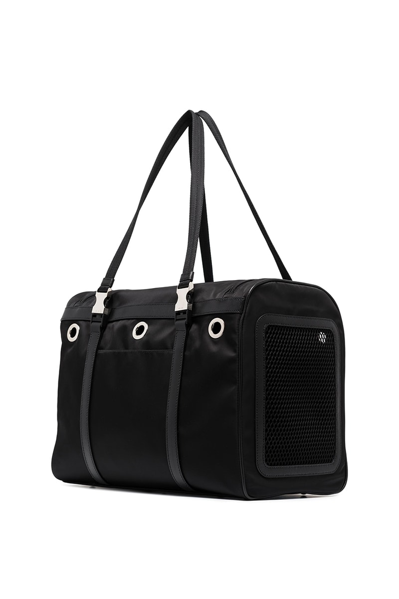 Prada Black Re-Nylon Pet Carrier Dog Pooch Bag Saffiano Leather Mesh Window Breathable Cats Triangular Plaque Food Bowl Waste Bag Holder Browns Fashion