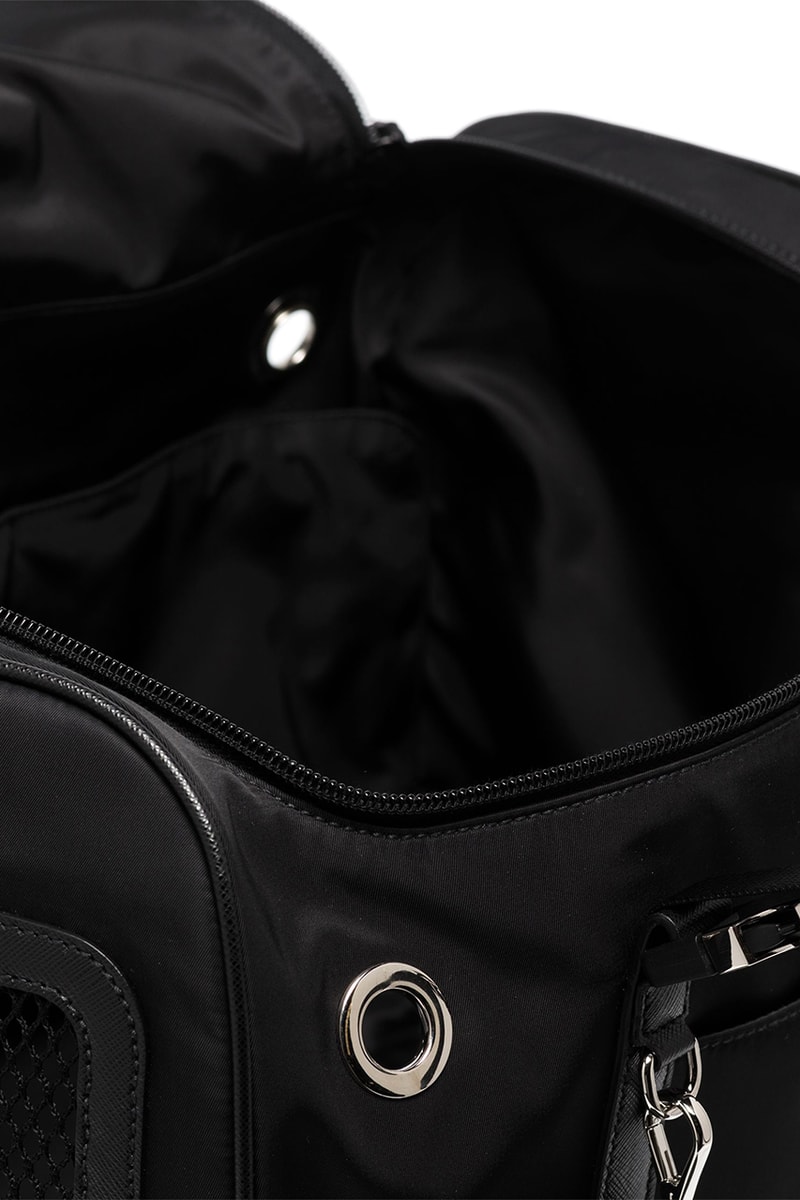 Prada Black Re-Nylon Pet Carrier Dog Pooch Bag Saffiano Leather Mesh Window Breathable Cats Triangular Plaque Food Bowl Waste Bag Holder Browns Fashion