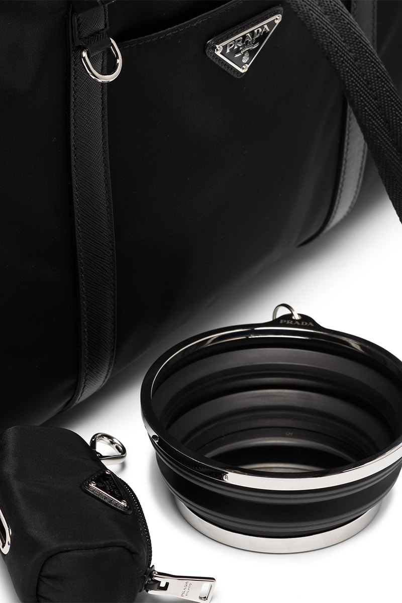 Prada Black Re-Nylon Pet Carrier Dog Pooch Bag Saffiano Leather Mesh Window Breathable Cats Triangular Plaque Food Bowl Waste Bag Holder Browns Fashion
