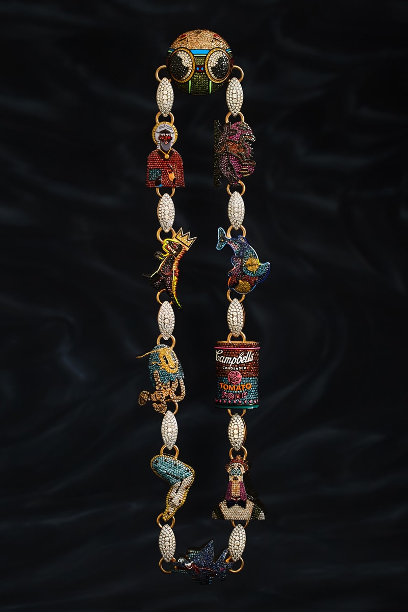 greg yuna steelo brim 250 k thousand usd artist chain necklace Hebru Brantley   Keith Haring  KAWS  Andy Warhol   George Condo  Todd James  Salvador Dalí  Bluethegreat or Blue  Jean-Michel Basquiat  Nina Chanel Abney photos info price