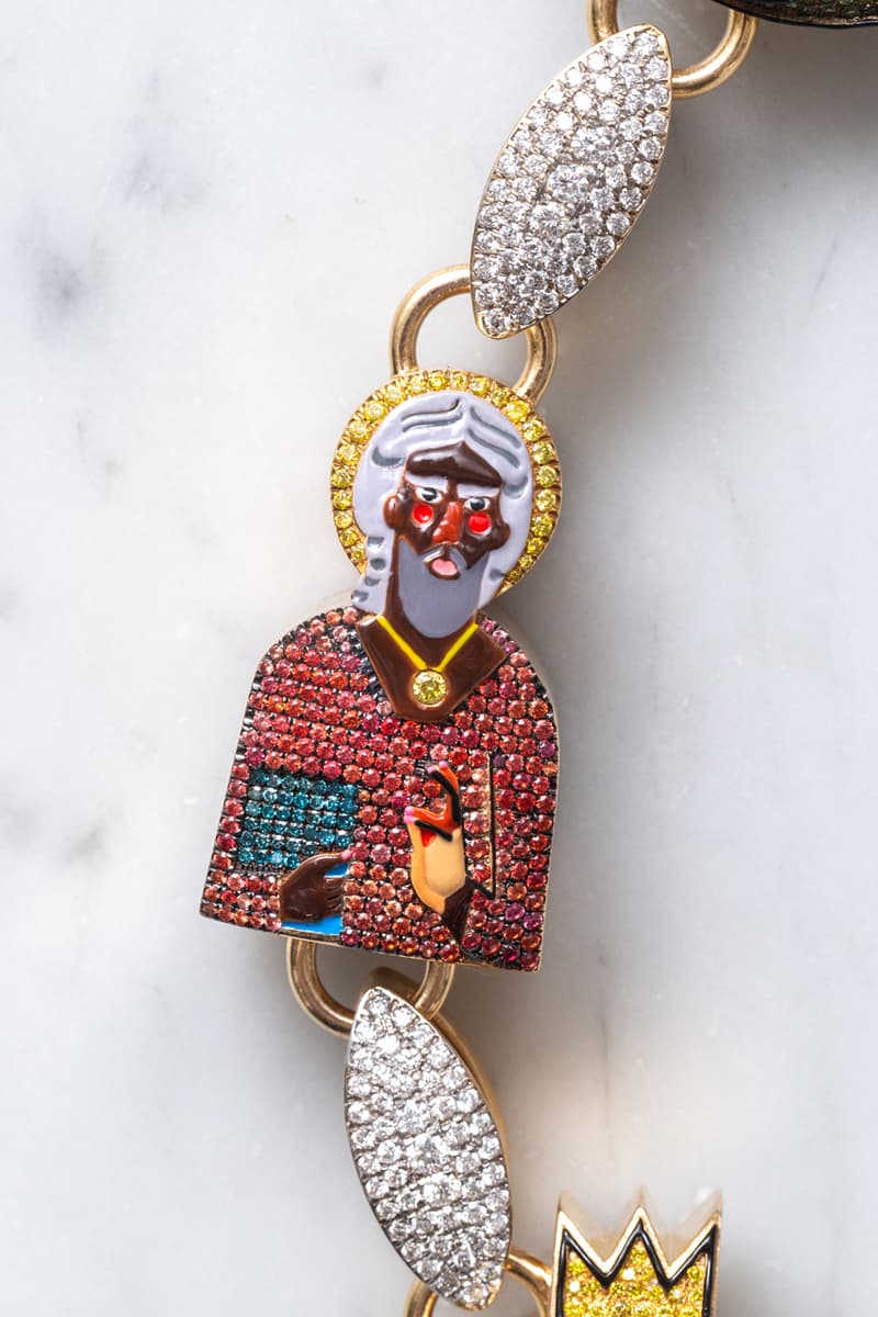 greg yuna steelo brim 250 k thousand usd artist chain necklace Hebru Brantley   Keith Haring  KAWS  Andy Warhol   George Condo  Todd James  Salvador Dalí  Bluethegreat or Blue  Jean-Michel Basquiat  Nina Chanel Abney photos info price