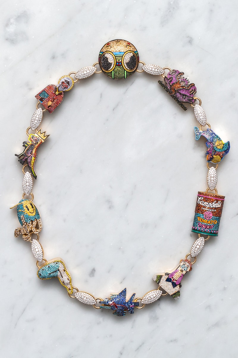 greg yuna steelo brim 250 k thousand usd artist chain necklace Hebru Brantley   Keith Haring  KAWS  Andy Warhol   George Condo  Todd James  Salvador Dalí  Bluethegreat or Blue  Jean-Michel Basquiat  Nina Chanel Abney photos info price