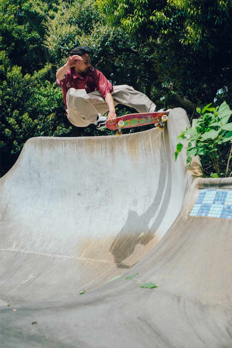 Evisen Skateboards Summer 2021 Lookbooks open collar shirt straight cut pants tetsuya nagato kei tanakadrink carrier bags