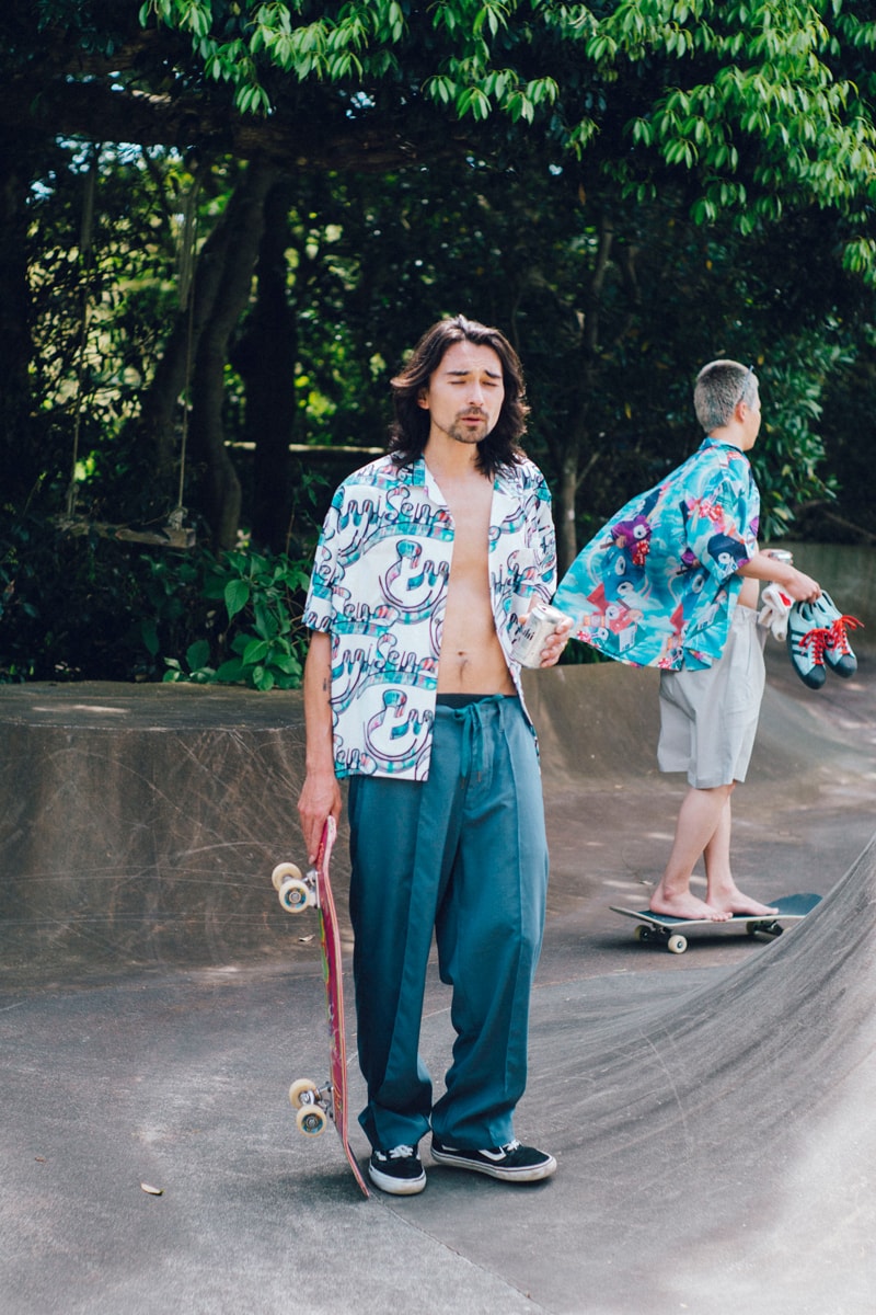 Evisen Skateboards Summer 2021 Lookbooks open collar shirt straight cut pants tetsuya nagato kei tanakadrink carrier bags