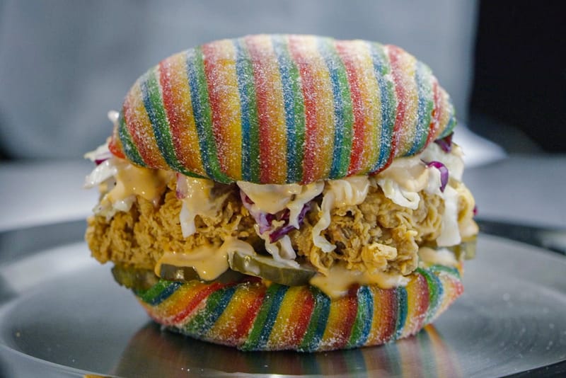 Airheads Debuts Fried Chicken Sandwich Featuring a Rainbow-Colored Candy Bun