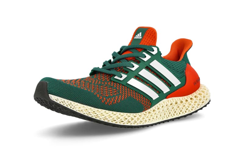 adidas Ultra4D "Miami Hurricanes" Collegiate Green Footwear White Collegiate Orange UltraBOOST 1.0 Q46439 Release Information Running Light Oxygen Resin