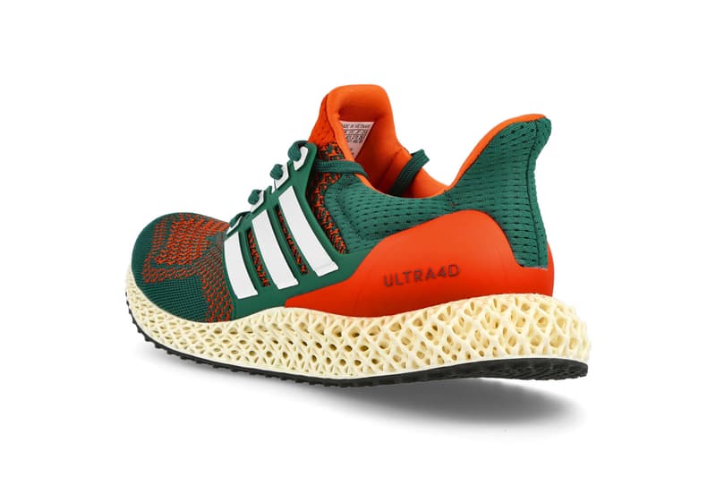 adidas Ultra4D "Miami Hurricanes" Collegiate Green Footwear White Collegiate Orange UltraBOOST 1.0 Q46439 Release Information Running Light Oxygen Resin