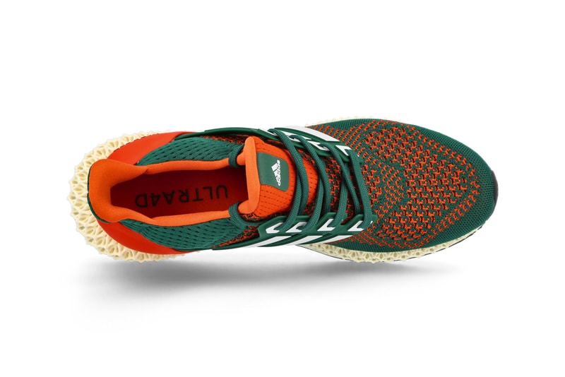 adidas Ultra4D "Miami Hurricanes" Collegiate Green Footwear White Collegiate Orange UltraBOOST 1.0 Q46439 Release Information Running Light Oxygen Resin