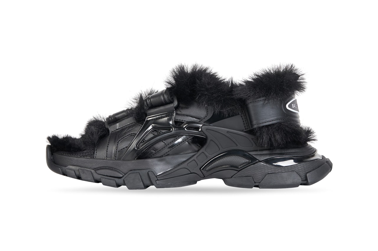 Balenciaga Track Sandals Fake Fur Black Faux Neoprene Rubber Nylon Technical Fall Winter 2021 FW21 Footwear Release Information Drop Date Demna Gvasalia 