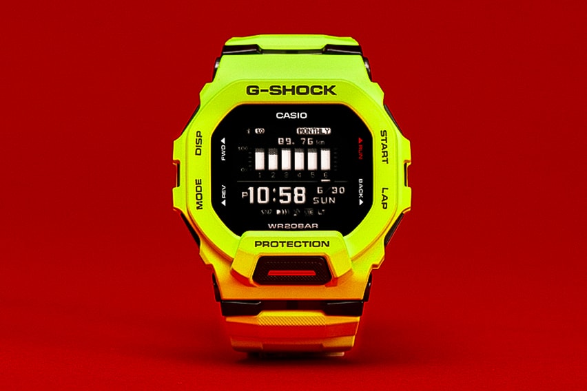 GBD-200 series GBD-200-1 GBD-200-2 GBD-200-9 models  black blue yellow or fluorescent lime smaller profile design 2.0mm slimmer, 8.8mm shorter, and 3.4mm more narrow square-shaped case, the iconic octagonal bezel Bluetooth smartphone link and an accelerometer for step counting shock resistance, 200-meter water resistance, MIP LCD display, resin band and case/bezel material, mineral glass, 38-city world time, 1/100-second stopwatch and a countdown timer measurement for distance, speed, and pace, auto and manual lap measurement over a set distance, target alarm setting (for time and calories burned), and display customization $150 USD