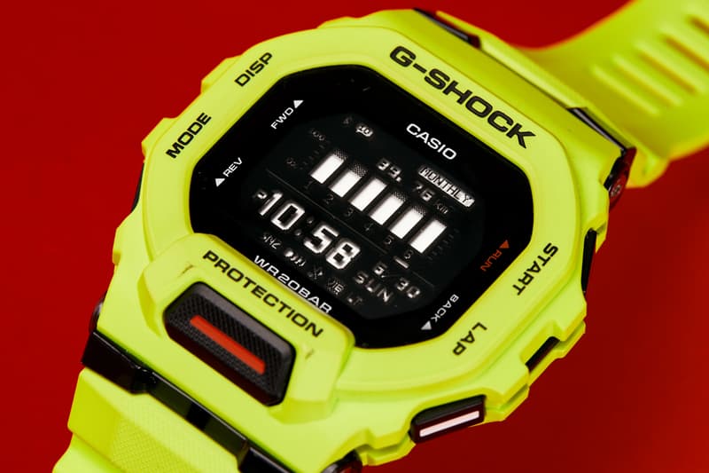 GBD-200 series GBD-200-1 GBD-200-2 GBD-200-9 models black blue yellow or fluorescent lime smaller profile design 2.0mm slimmer, 8.8mm shorter, and 3.4mm more narrow square-shaped case, the iconic octagonal bezel Bluetooth smartphone link and an accelerometer for step counting shock resistance, 200-meter water resistance, MIP LCD display, resin band and case/bezel material, mineral glass, 38-city world time, 1/100-second stopwatch and a countdown timer measurement for distance, speed, and pace, auto and manual lap measurement over a set distance, target alarm setting (for time and calories burned), and display customization $150 USD