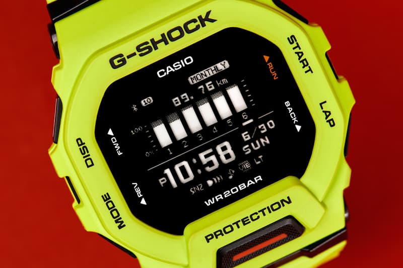 GBD-200 series GBD-200-1 GBD-200-2 GBD-200-9 models black blue yellow or fluorescent lime smaller profile design 2.0mm slimmer, 8.8mm shorter, and 3.4mm more narrow square-shaped case, the iconic octagonal bezel Bluetooth smartphone link and an accelerometer for step counting shock resistance, 200-meter water resistance, MIP LCD display, resin band and case/bezel material, mineral glass, 38-city world time, 1/100-second stopwatch and a countdown timer measurement for distance, speed, and pace, auto and manual lap measurement over a set distance, target alarm setting (for time and calories burned), and display customization $150 USD