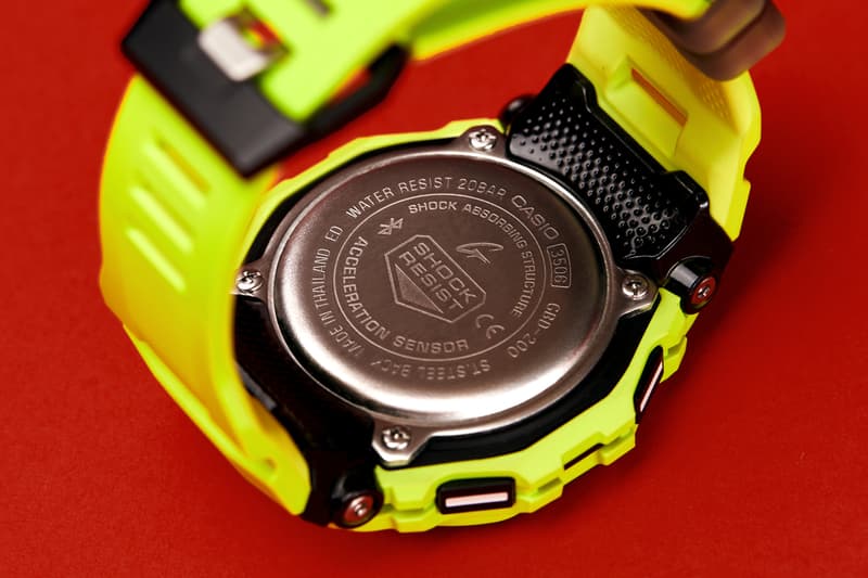 GBD-200 series GBD-200-1 GBD-200-2 GBD-200-9 models black blue yellow or fluorescent lime smaller profile design 2.0mm slimmer, 8.8mm shorter, and 3.4mm more narrow square-shaped case, the iconic octagonal bezel Bluetooth smartphone link and an accelerometer for step counting shock resistance, 200-meter water resistance, MIP LCD display, resin band and case/bezel material, mineral glass, 38-city world time, 1/100-second stopwatch and a countdown timer measurement for distance, speed, and pace, auto and manual lap measurement over a set distance, target alarm setting (for time and calories burned), and display customization $150 USD