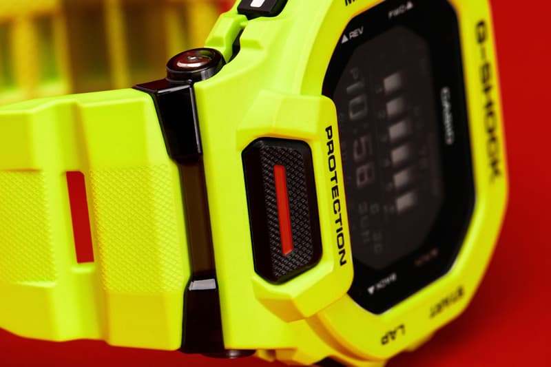 GBD-200 series GBD-200-1 GBD-200-2 GBD-200-9 models black blue yellow or fluorescent lime smaller profile design 2.0mm slimmer, 8.8mm shorter, and 3.4mm more narrow square-shaped case, the iconic octagonal bezel Bluetooth smartphone link and an accelerometer for step counting shock resistance, 200-meter water resistance, MIP LCD display, resin band and case/bezel material, mineral glass, 38-city world time, 1/100-second stopwatch and a countdown timer measurement for distance, speed, and pace, auto and manual lap measurement over a set distance, target alarm setting (for time and calories burned), and display customization $150 USD