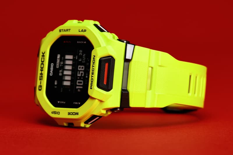GBD-200 series GBD-200-1 GBD-200-2 GBD-200-9 models black blue yellow or fluorescent lime smaller profile design 2.0mm slimmer, 8.8mm shorter, and 3.4mm more narrow square-shaped case, the iconic octagonal bezel Bluetooth smartphone link and an accelerometer for step counting shock resistance, 200-meter water resistance, MIP LCD display, resin band and case/bezel material, mineral glass, 38-city world time, 1/100-second stopwatch and a countdown timer measurement for distance, speed, and pace, auto and manual lap measurement over a set distance, target alarm setting (for time and calories burned), and display customization $150 USD