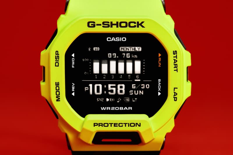 GBD-200 series GBD-200-1 GBD-200-2 GBD-200-9 models black blue yellow or fluorescent lime smaller profile design 2.0mm slimmer, 8.8mm shorter, and 3.4mm more narrow square-shaped case, the iconic octagonal bezel Bluetooth smartphone link and an accelerometer for step counting shock resistance, 200-meter water resistance, MIP LCD display, resin band and case/bezel material, mineral glass, 38-city world time, 1/100-second stopwatch and a countdown timer measurement for distance, speed, and pace, auto and manual lap measurement over a set distance, target alarm setting (for time and calories burned), and display customization $150 USD