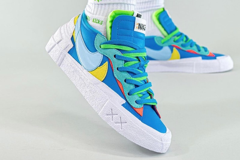 KAWS sacai Nike Blazer Low Another On-Foot Look Release Info DM7901-600 DM7901-40 Red Orange Pink Blue Blue Light Blue Yellow Date Buy Price 