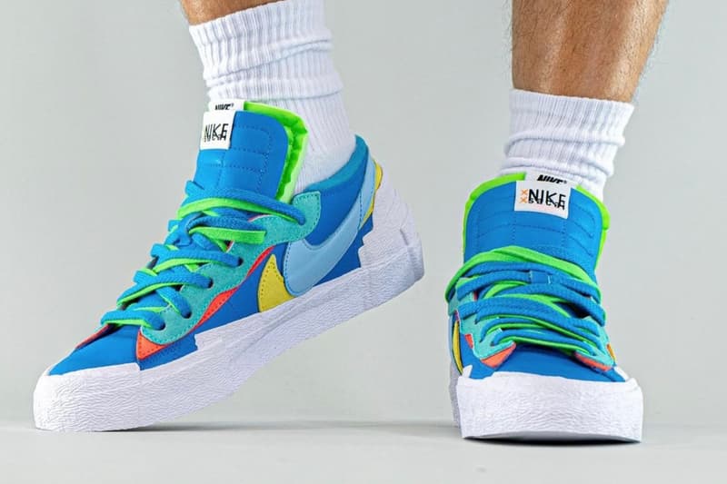 KAWS sacai Nike Blazer Low Another On-Foot Look Release Info DM7901-600 DM7901-40 Red Orange Pink Blue Blue Light Blue Yellow Date Buy Price 