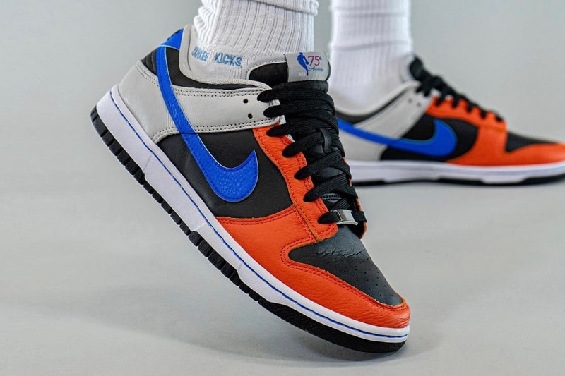 NBA Nike Dunk Low EMB Knicks On-Foot Look Release Info DD3363-002 Date Buy Price New York Black Racer Blue Grey Fog Orange 75th Anniversary 