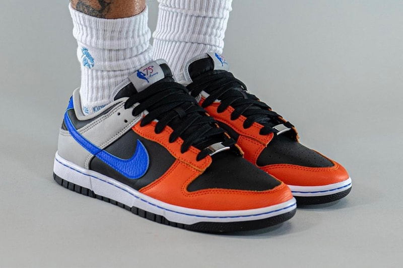 NBA Nike Dunk Low EMB Knicks On-Foot Look Release Info DD3363-002 Date Buy Price New York Black Racer Blue Grey Fog Orange 75th Anniversary 