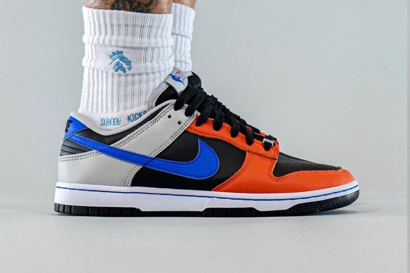 NBA Nike Dunk Low EMB Knicks On-Foot Look Release Info DD3363-002 Date Buy Price New York Black Racer Blue Grey Fog Orange 75th Anniversary 