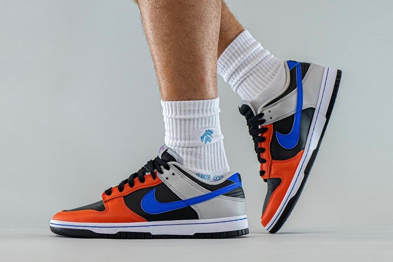 NBA Nike Dunk Low EMB Knicks On-Foot Look Release Info DD3363-002 Date Buy Price New York Black Racer Blue Grey Fog Orange 75th Anniversary 
