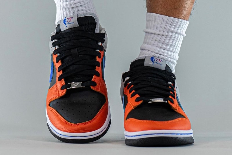 NBA Nike Dunk Low EMB Knicks On-Foot Look Release Info DD3363-002 Date Buy Price New York Black Racer Blue Grey Fog Orange 75th Anniversary 