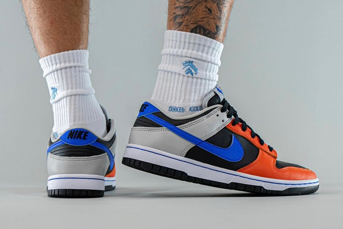 NBA Nike Dunk Low EMB Knicks On-Foot Look Release Info DD3363-002 Date Buy Price New York Black Racer Blue Grey Fog Orange 75th Anniversary 