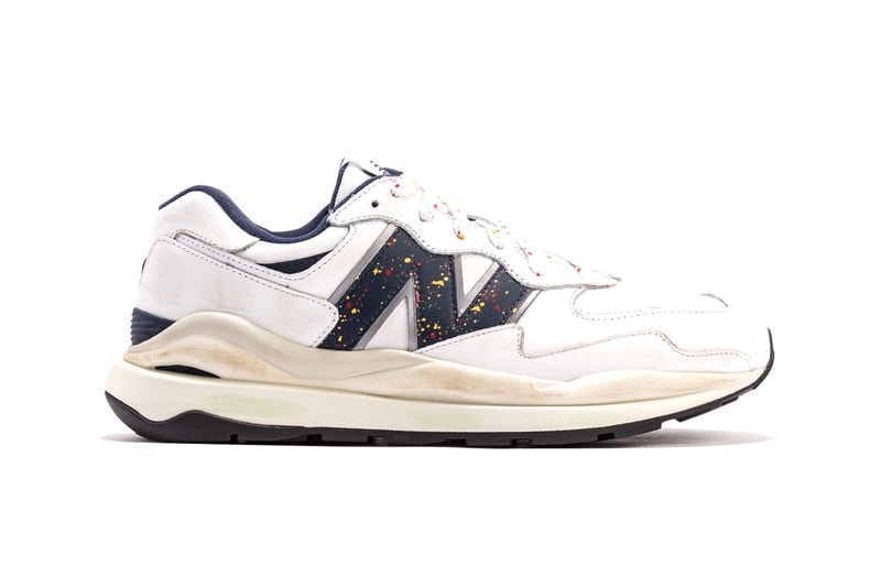 New Balance 57/40 "Father's Day" Colorway White Navy Distressed Aged Sole Unit Dad Shoes Paint Speckles Splatters Release Information HBX