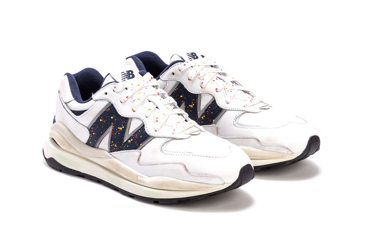 New Balance 57/40 "Father's Day" Colorway White Navy Distressed Aged Sole Unit Dad Shoes Paint Speckles Splatters Release Information HBX