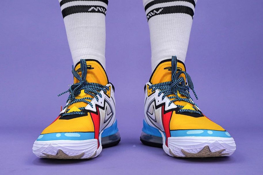 nike basketball lebron james 18 low signature shoe stewie griffin family guy cartoon white yellow blue red black official release date info photos price store list buying guide
