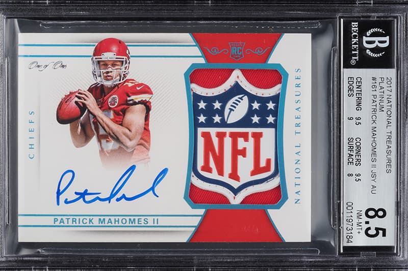 Patrick Mahomes 2017 1 of 1 bgs 8.5 national treasures shield 4 million usd sale NFL cards trading cards auto 1-of-1 Tom Brady 