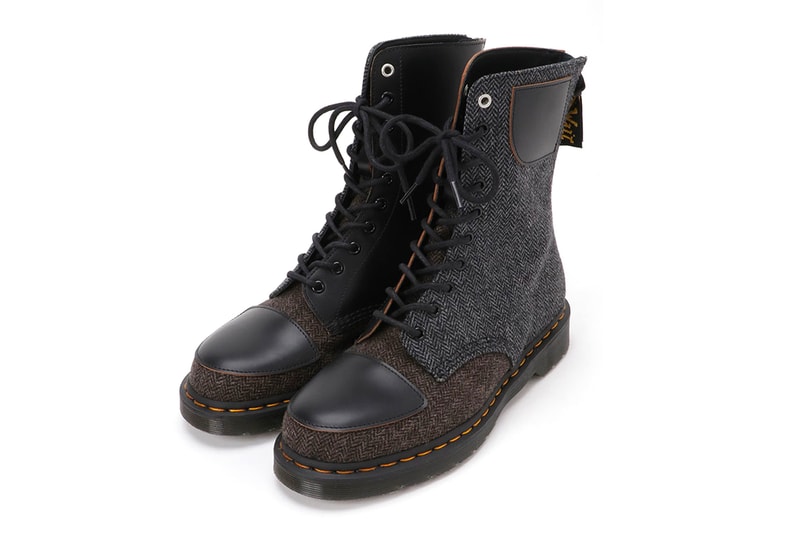 Yohji Yamamoto Y's Dr. Martens 1490 10-Eye Boot FW21 MOON Herringbone fabric leather yellow stitching drop release wool luxury