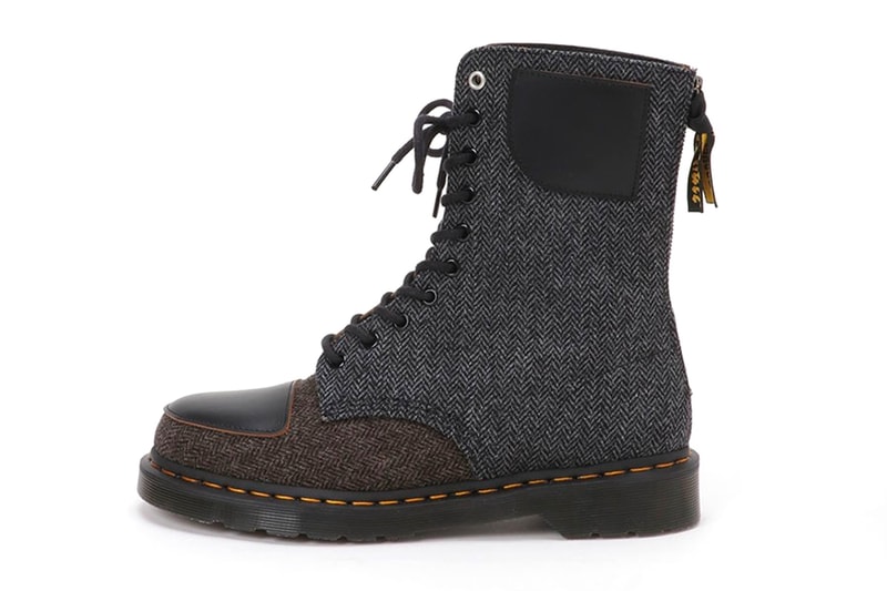 Yohji Yamamoto Y's Dr. Martens 1490 10-Eye Boot FW21 MOON Herringbone fabric leather yellow stitching drop release wool luxury