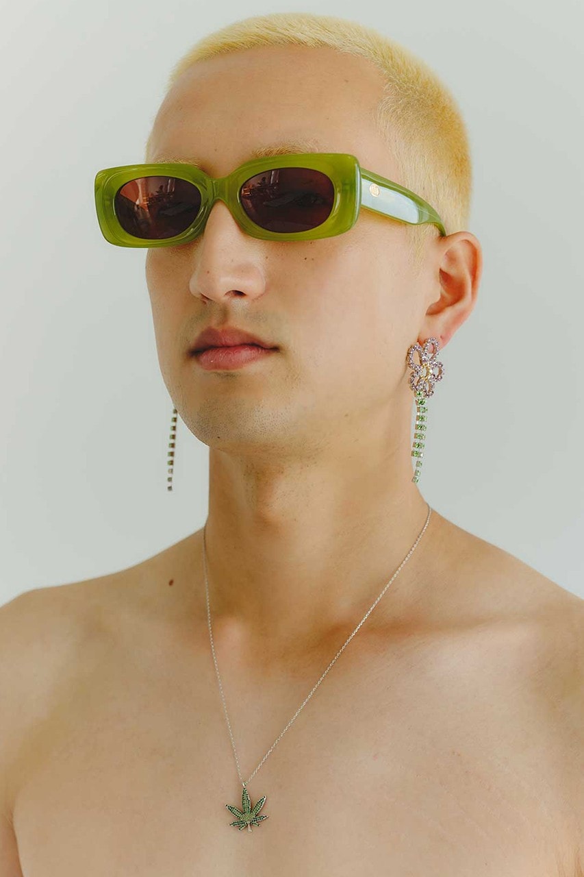 Sundae School x Flan Cannabis-Inspired Collab Korea hemp flower necklace earrings tank top green pink yellow