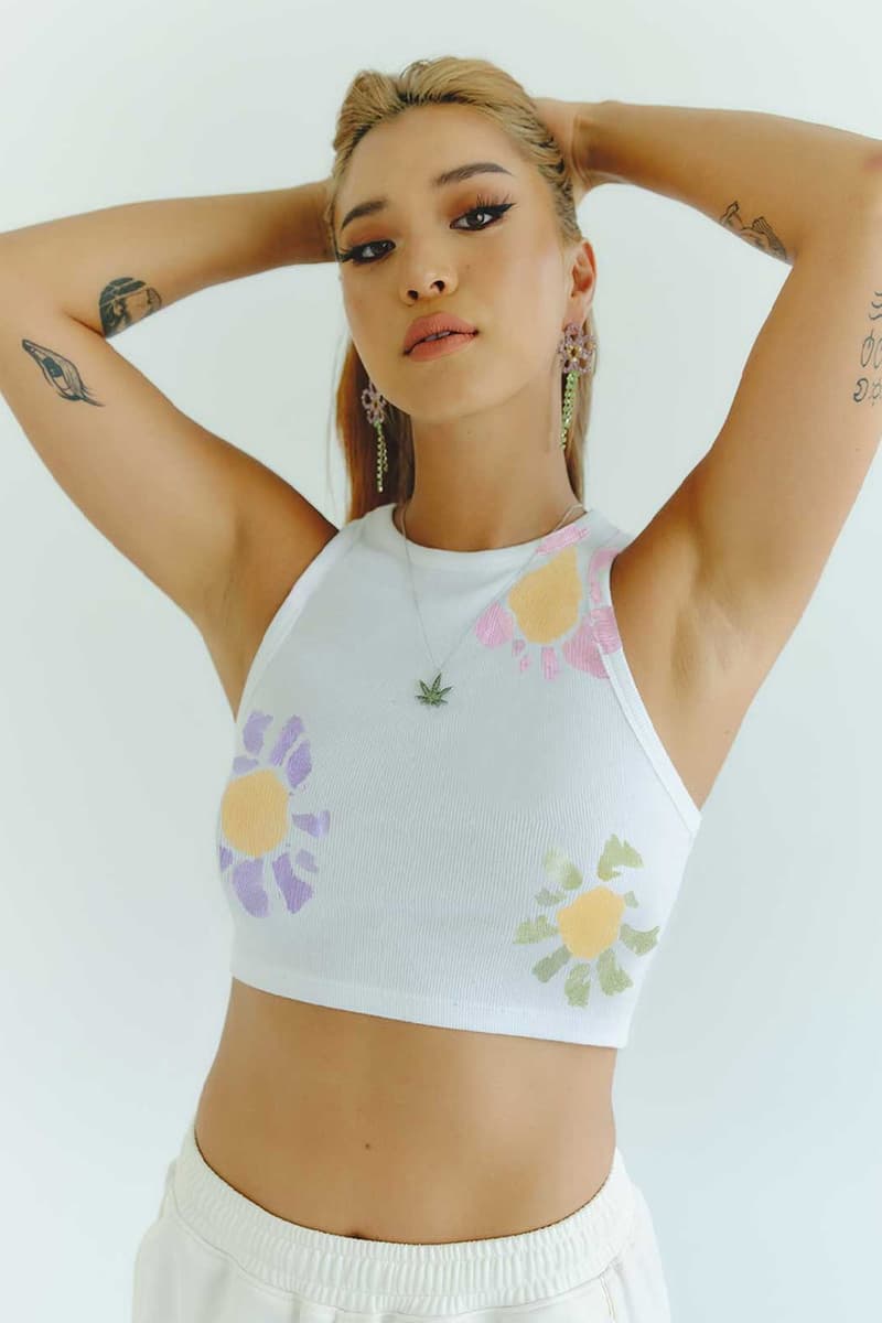 Sundae School x Flan Cannabis-Inspired Collab Korea hemp flower necklace earrings tank top green pink yellow