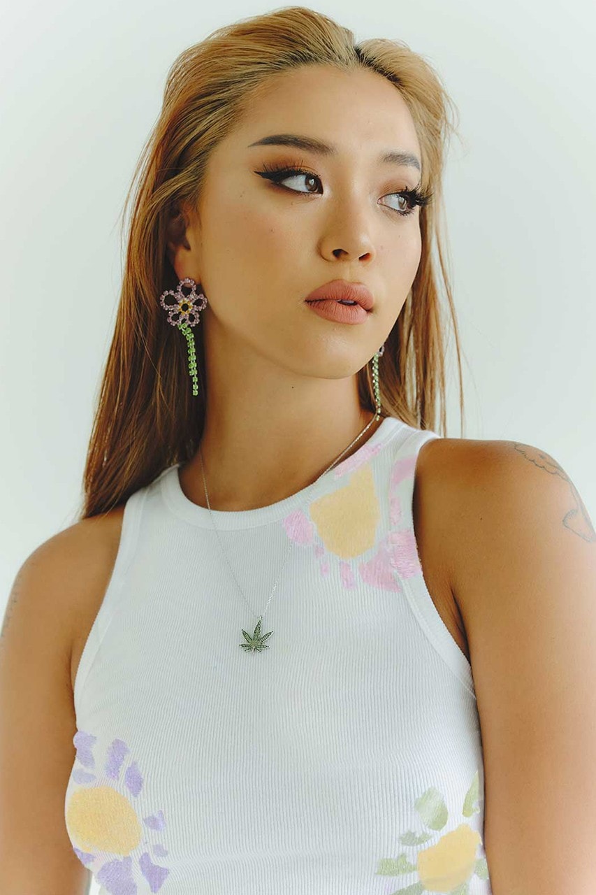 Sundae School x Flan Cannabis-Inspired Collab Korea hemp flower necklace earrings tank top green pink yellow