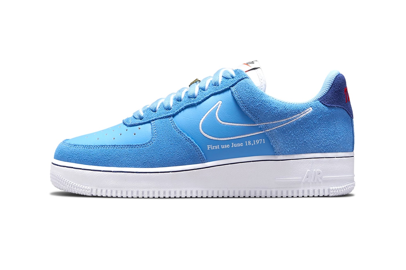 Nike Air Force 1 First Use university blue white deep royal blue leather suede swoosh june 18 1971 release information images