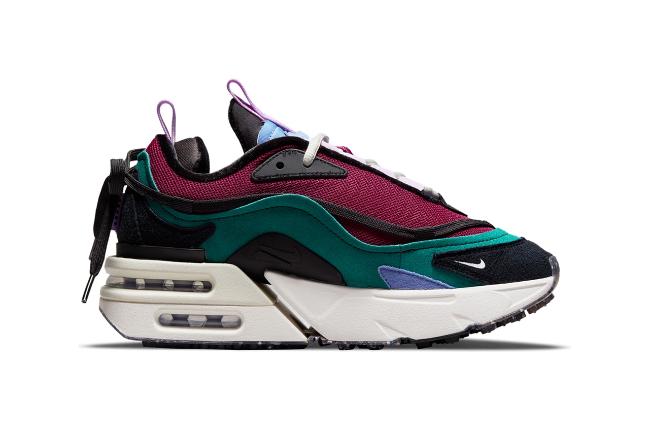 Nike Air Max Furyosa NRG DC7351-300 Night Green Sail Raspberry Red Black Release Information Mad Max Furiosa Air Bubbles Stacked Sole Unit Futuristic Modern Technological Shoe Sneaker Footwear Trainer Drop Date OneBlockDown Europe Swoosh