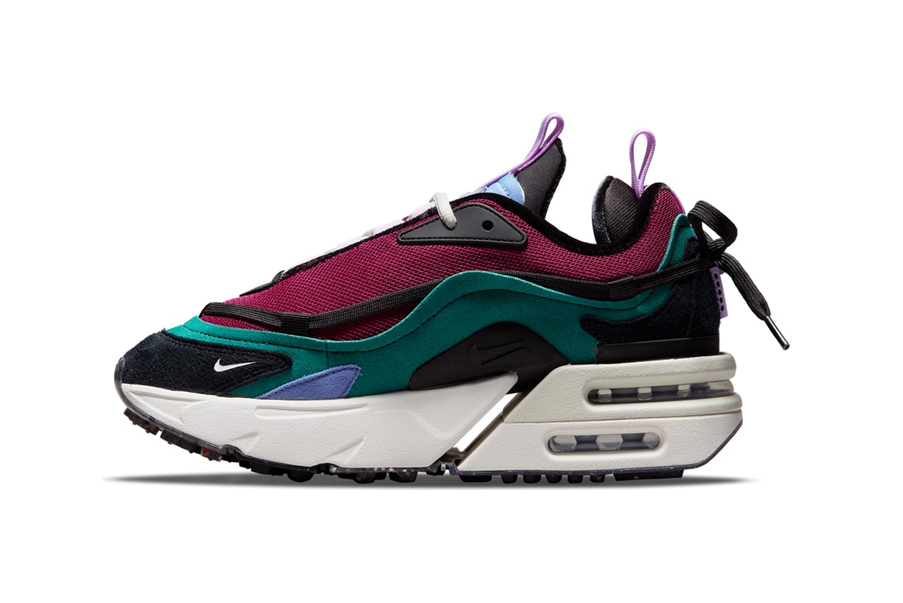 Nike Air Max Furyosa NRG DC7351-300 Night Green Sail Raspberry Red Black Release Information Mad Max Furiosa Air Bubbles Stacked Sole Unit Futuristic Modern Technological Shoe Sneaker Footwear Trainer Drop Date OneBlockDown Europe Swoosh