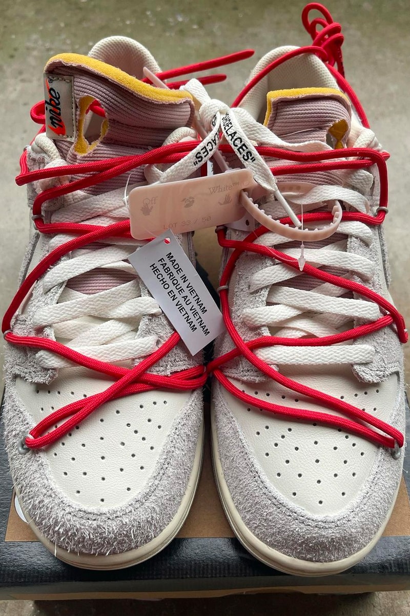 Off-White™ x Nike Dunk Low #33/50 Virgil Abloh @teddyssole Instagram Closer First Look Release Information Gray Red White Leather Blush Pink Mesh Suede