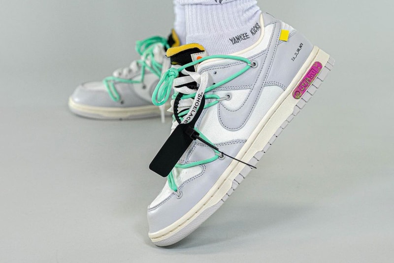 off white nike virgil abloh dunk low the 50 pair number 4 white neutral grey pink sea foam green official release date info photos price store list buying guide