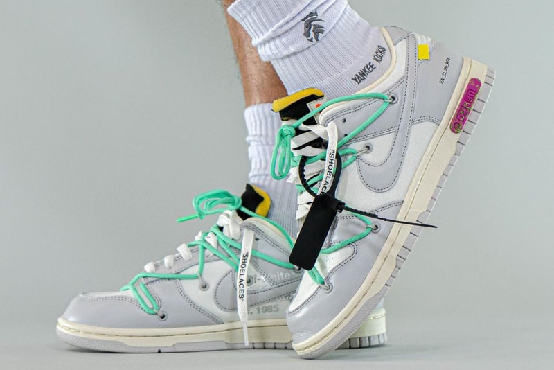 off white nike virgil abloh dunk low the 50 pair number 4 white neutral grey pink sea foam green official release date info photos price store list buying guide