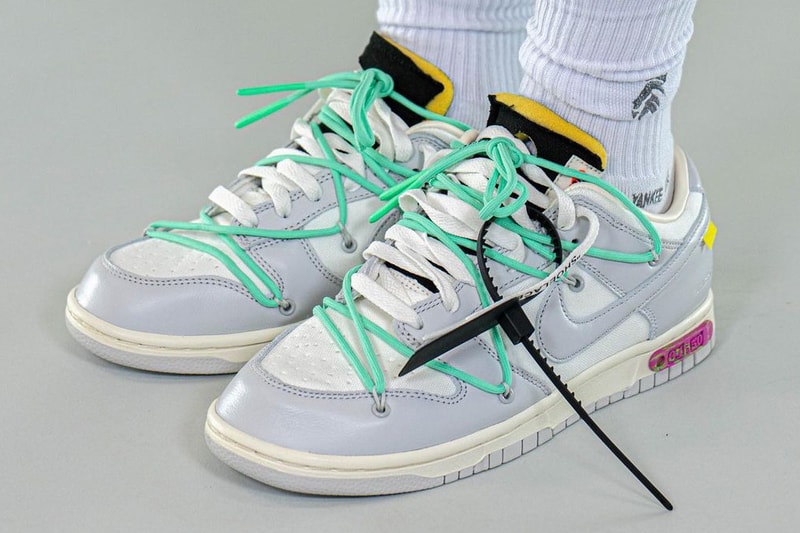 off white nike virgil abloh dunk low the 50 pair number 4 white neutral grey pink sea foam green official release date info photos price store list buying guide